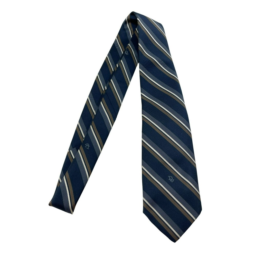 Christian Dior Monsieur Pure Silk Vintage Blue White Striped Mens Neck Tie